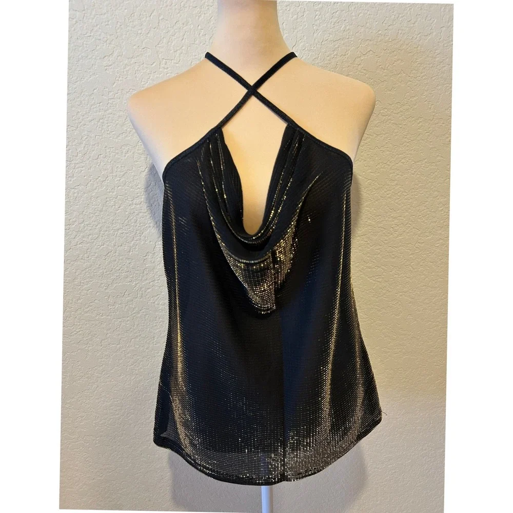 Vintage Cinema Etoile Cami Tank Sz L Black Gold Metallic Cowl Neck Mesh 90s Glam
